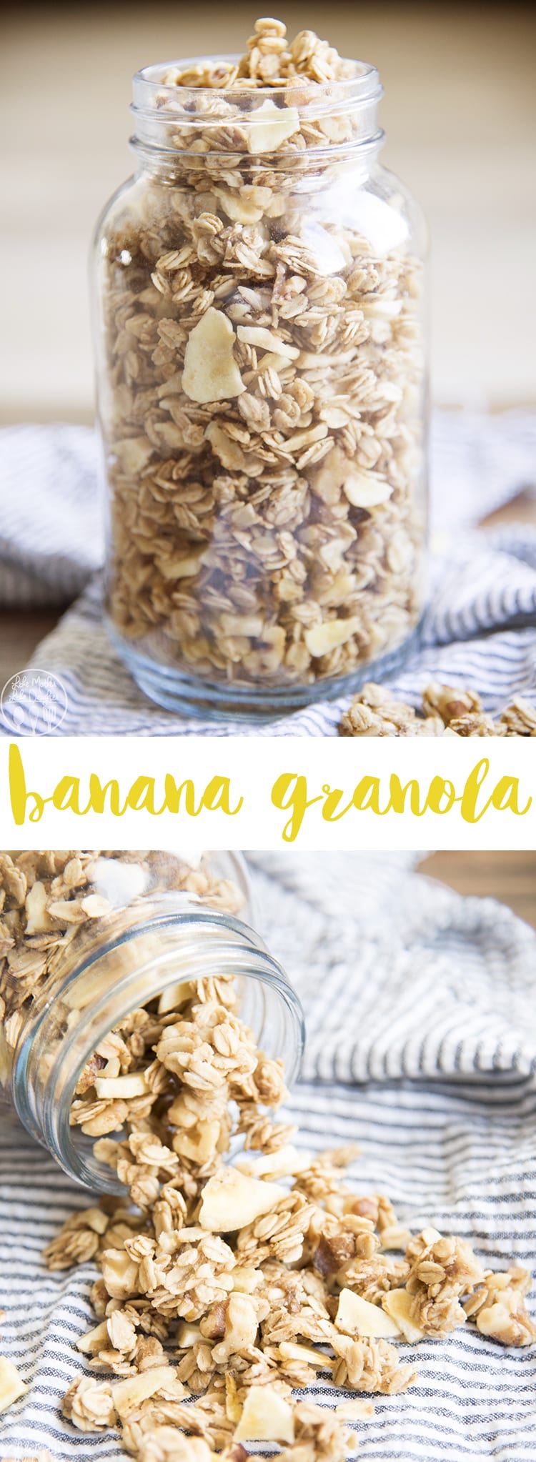 A collage of two photos of banana granola with a text block in the middle.