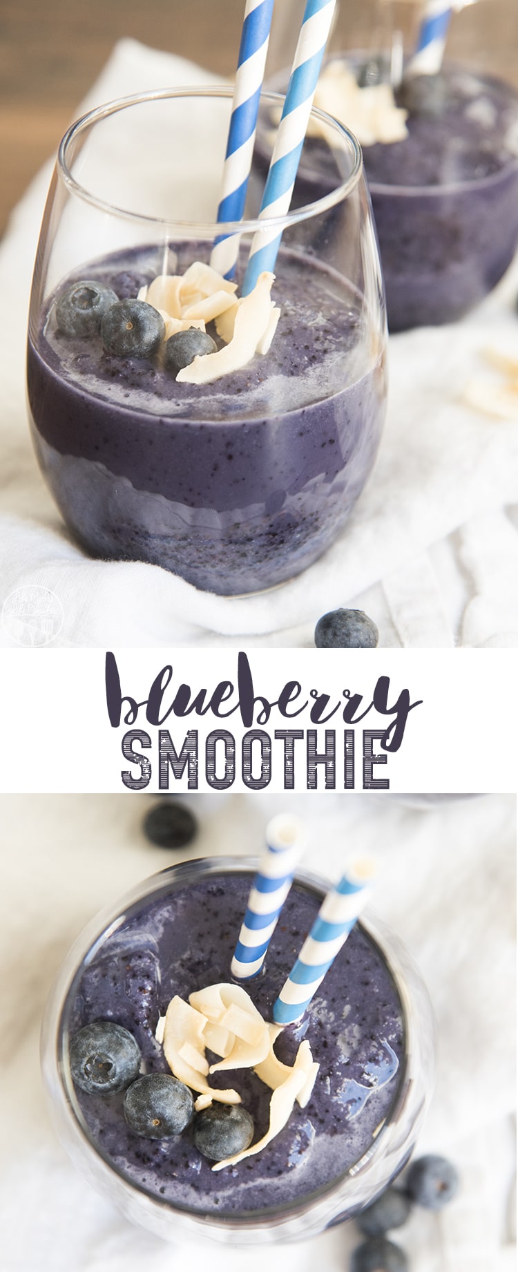 A collage of two photos of blueberry smoothie in a glass with a text block in the middle.