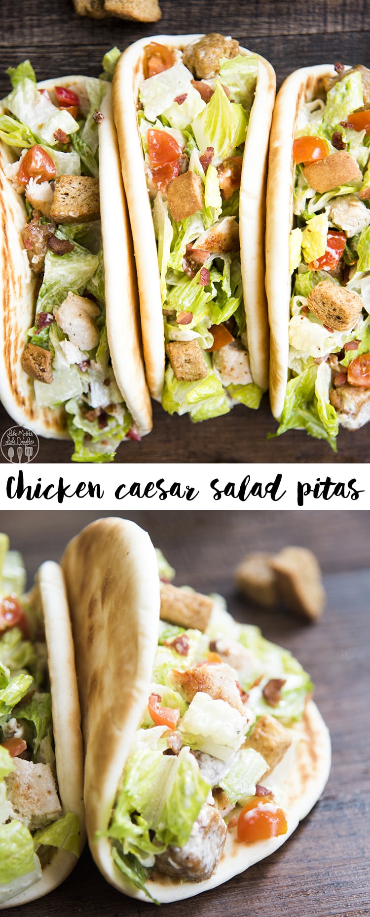 A collage of two photos of chicken caesar salad with a text block in the middle.