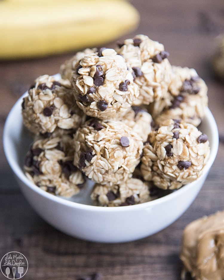 A bowl of peanut butter and banana energy bites with chocolate chips.