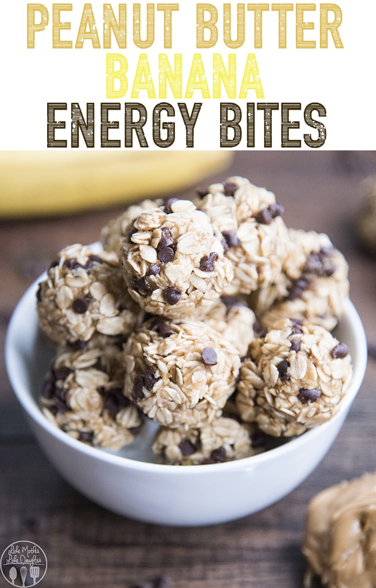 A bowl of peanut butter banana energy bites with a text block over the top.