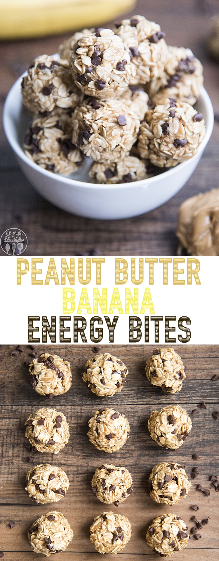 A collage of two photos of banana and peanut butter granola balls with a text block in the middle.