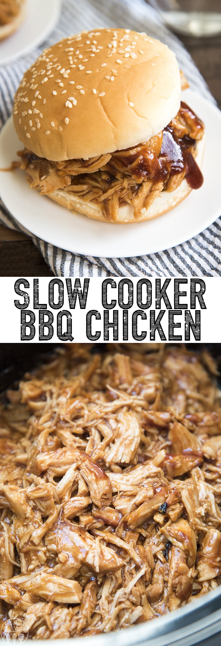 A collage of two photos of slow cooker bbq chicken with a text block in the middle.