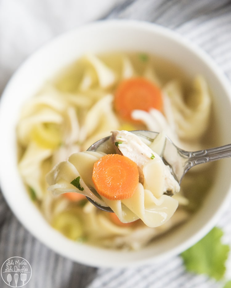 Crock pot chicken noodle soup with carrots, celery and onions and bursting with flavor