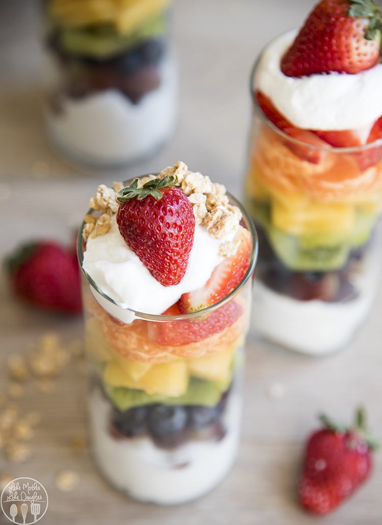 Rainbow Fruit Parfait topped with vanilla yogurt and granola