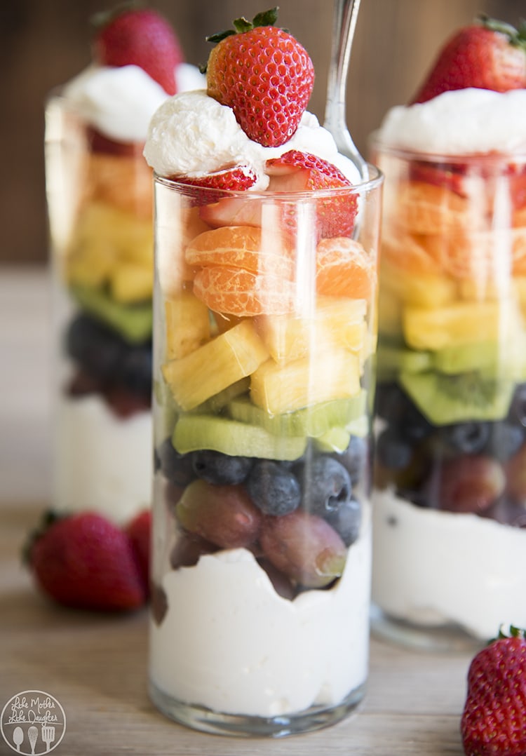 Rainbow Fruit parfaits with every color of the rainbow, perfect for a lighter sweet.