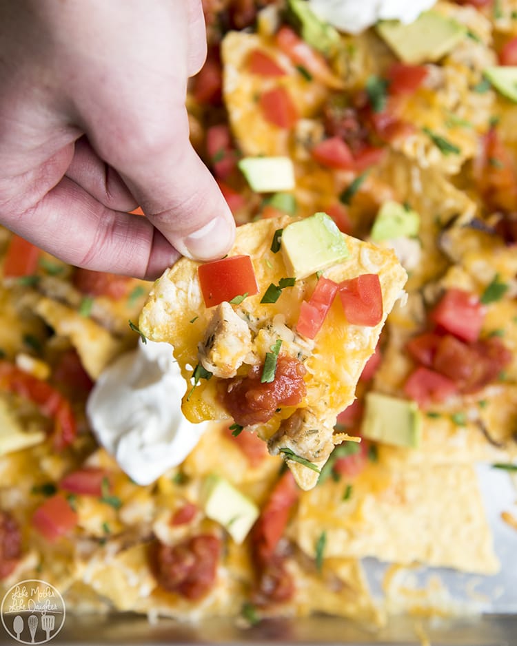 Chicken Nachos made on a cookie sheet in 10 minutes in the oven.