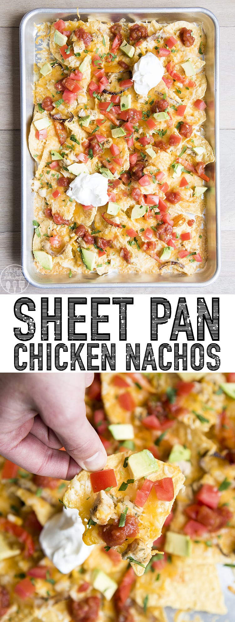 A collage of two photos of sheet pan chicken nachos with a text block in the middle. 