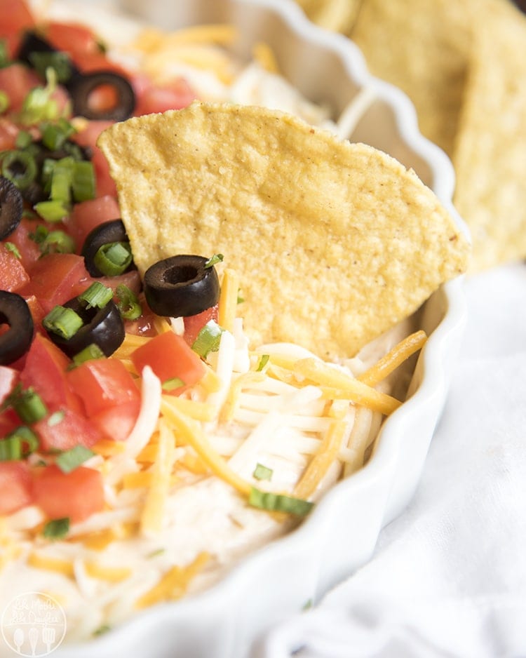 Taco dip topped with shredded cheese, and diced tomatoes in a platter.