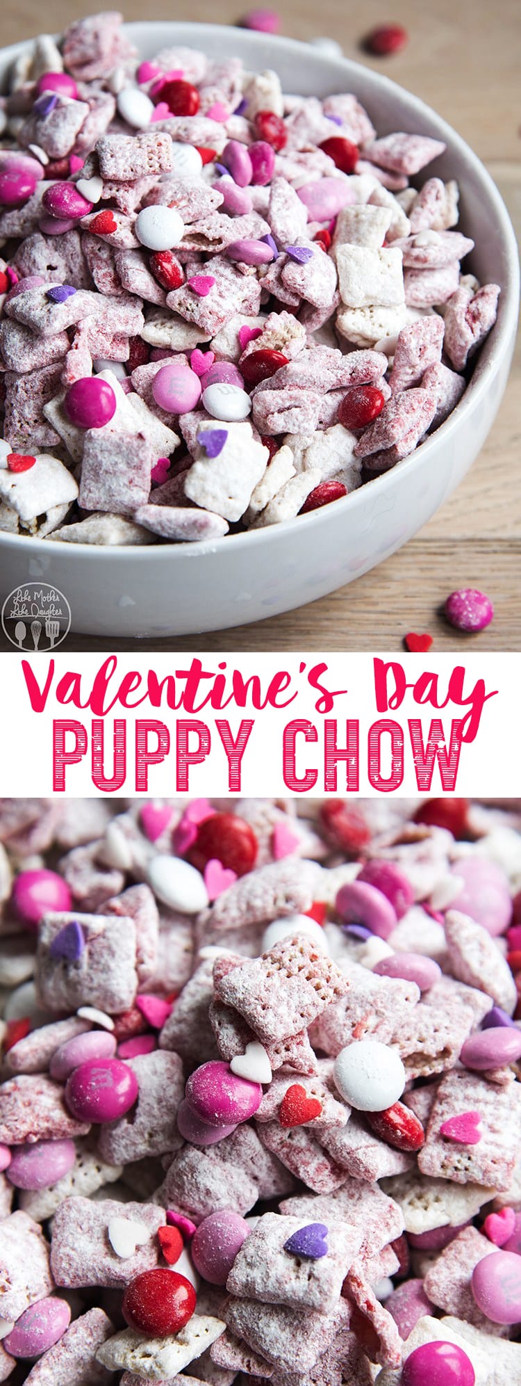 A collage of two photos of Valentine\'s Day Puppy Chow with a text block in the middle. 