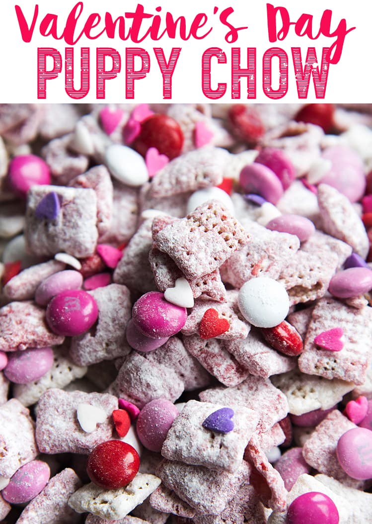 A close up of valentine puppy chow with m&ms and sprinkles and a text block over the top. 
