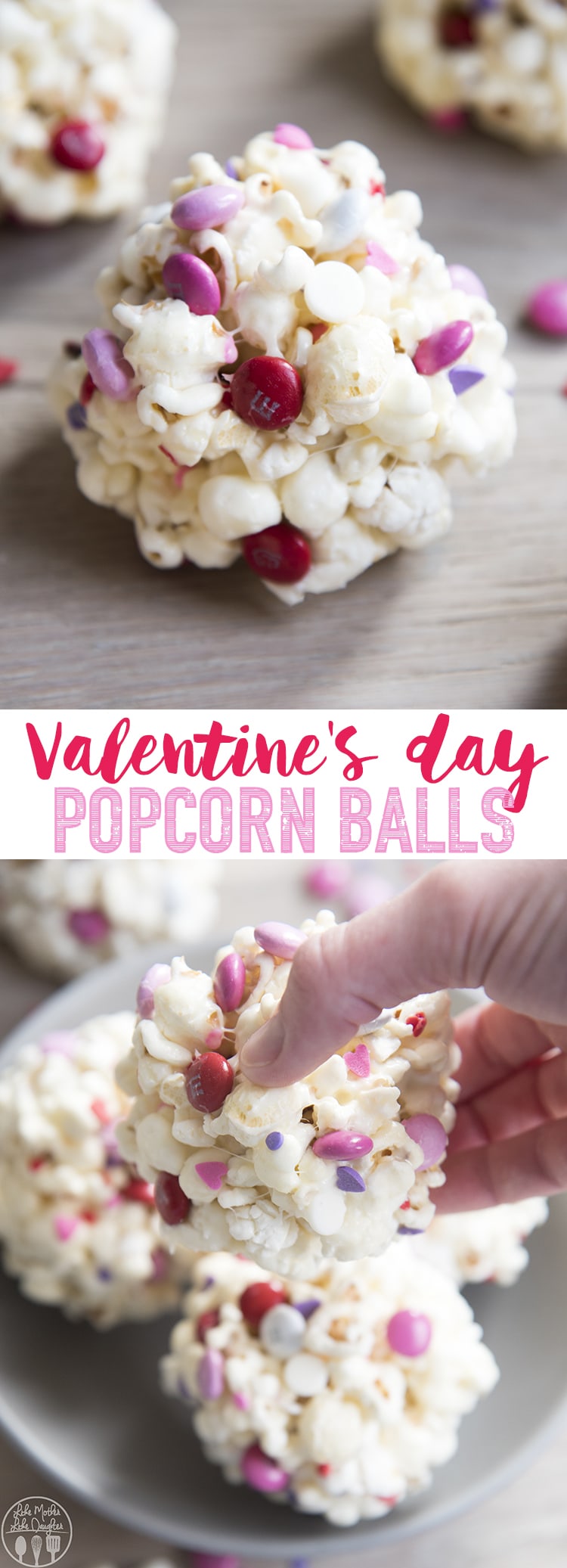 A collage of two photos of Valentine popcorn ball with a text block in the middle.