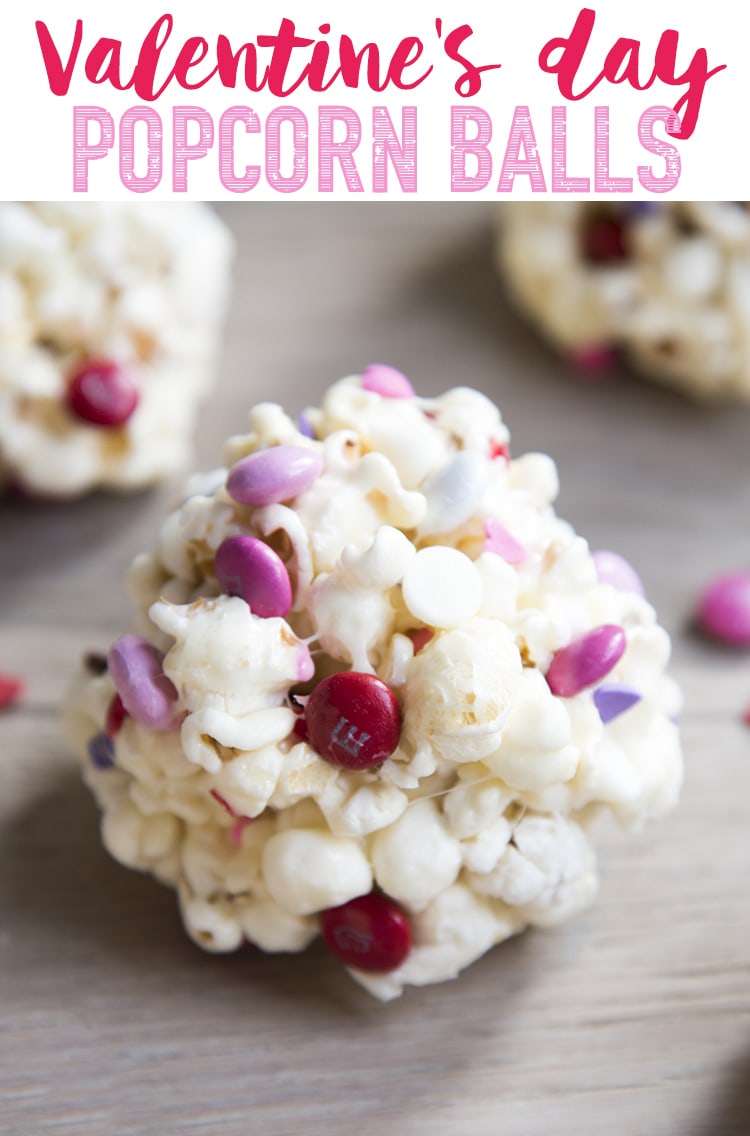 A popcorn ball full of Valentine colored m&ms and white chocolate chips.