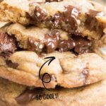 A stack of brown butter chocolate chip cookies with a text block over the top for pinterest.