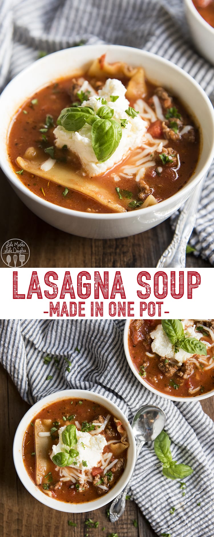 A collage of two photos of lasagna soup with a text block in the middle.