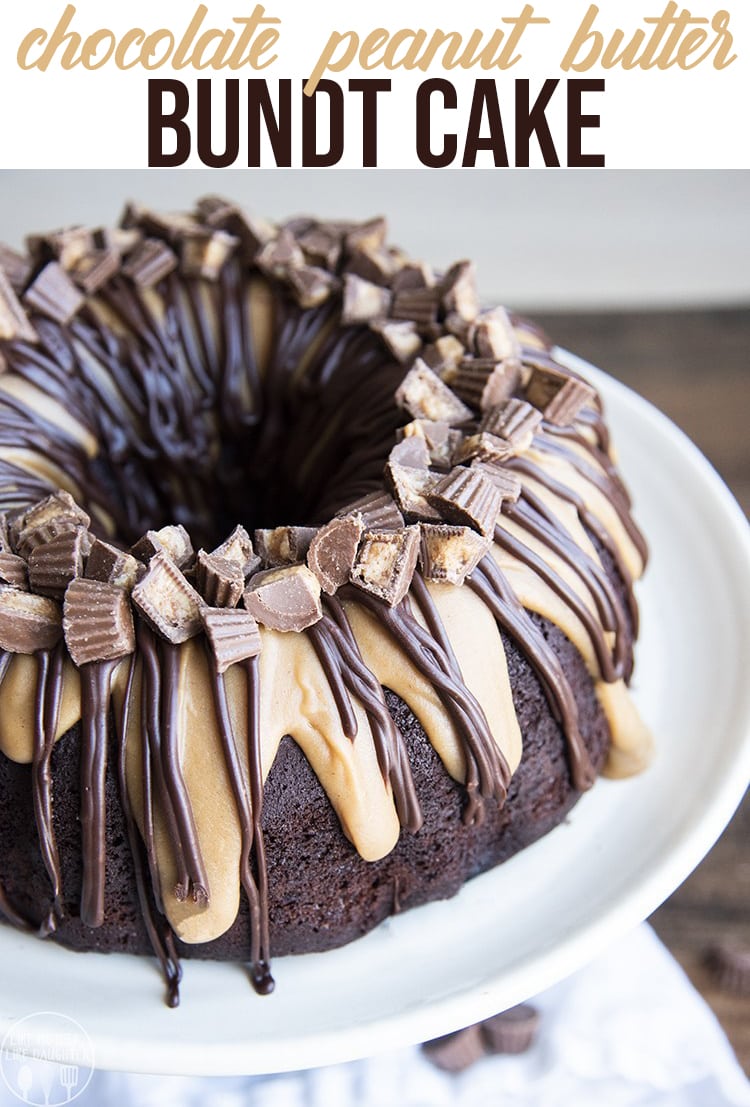 A chocolate peanut butter bundt cake topped with chopped peanut butter cups. 