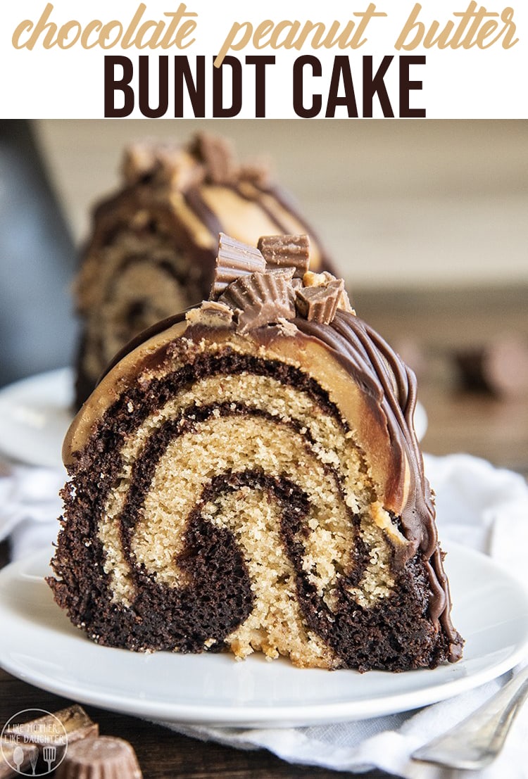 A slice of a swirled chocolate and peanut butter bundt cake on a plate. 