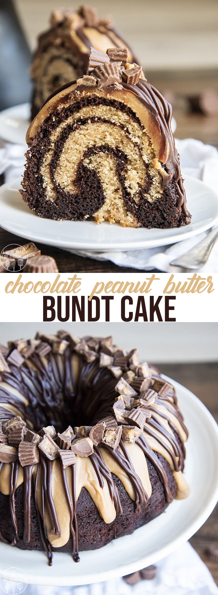 A collage of two photos of chocolate peanut butter bundt cake with a text block in the middle.