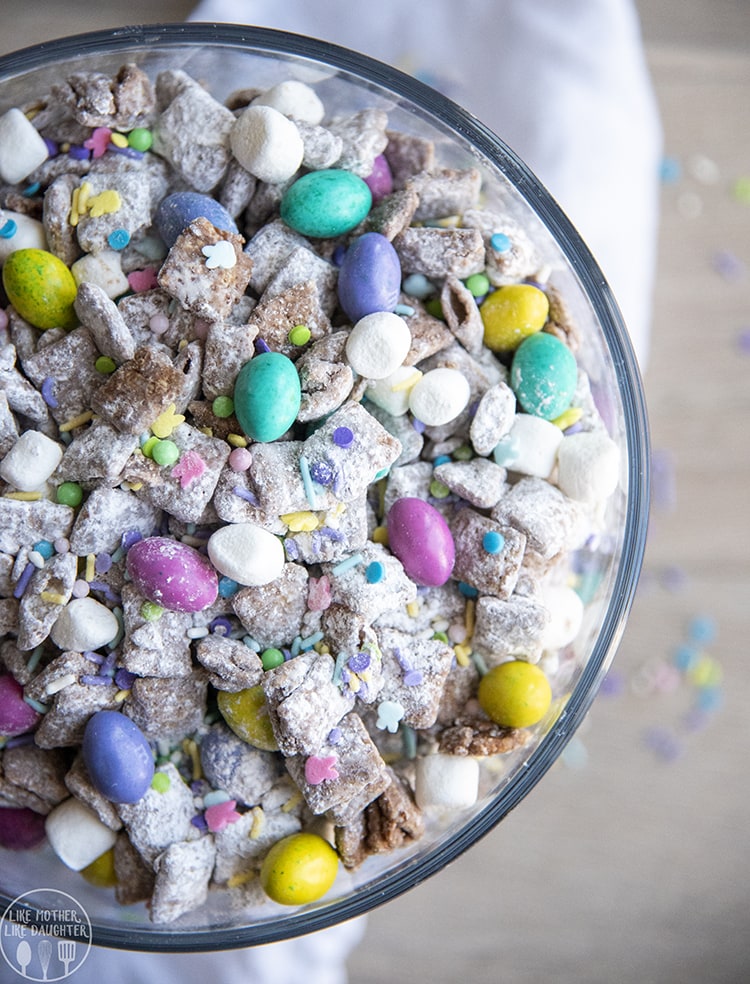 Easter Muddy Buddies with speckled egg m&ms, mini marshmallows, and sprinkles