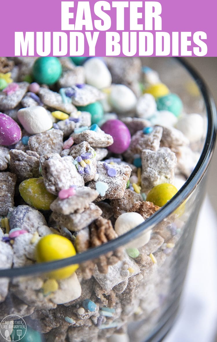 A close up of Easter muddy buddies full of colorful egg candy, marshmallows, and spring sprinkles.