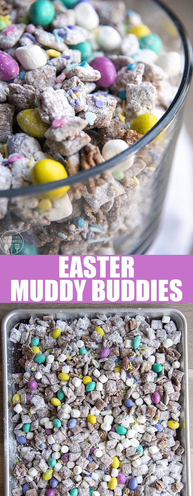 A collage of two photos of Easter muddy buddies with a purple text block between them.