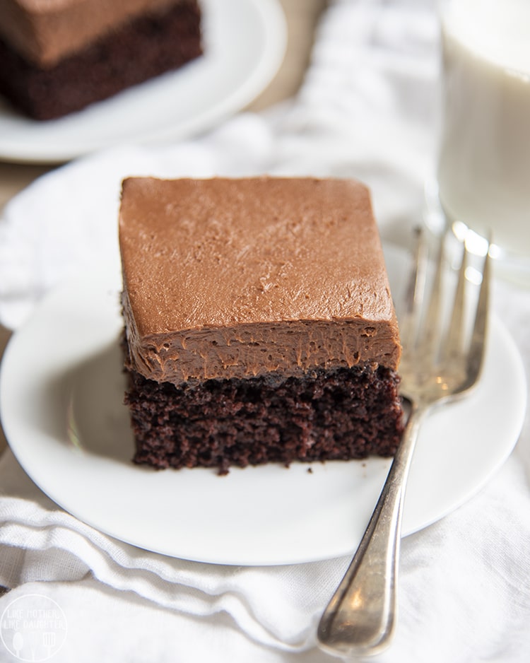A piece of chocolate cake on a plate.