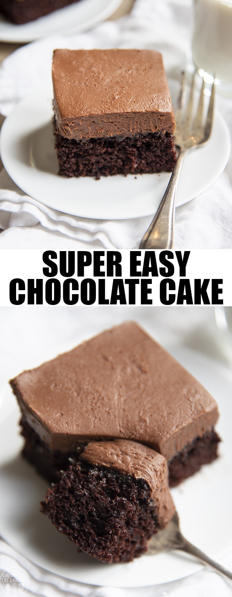 A collage of two photos of easy chocolate cake with a text block in the middle.