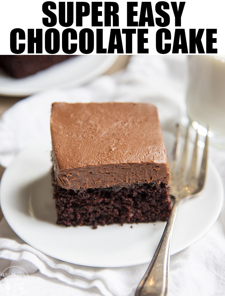 A piece of chocolate cake on a plate with a text block over the top.