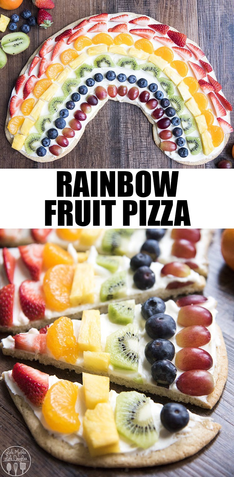 A collage of two photos of rainbow fruit pizza with a text block in the middle.