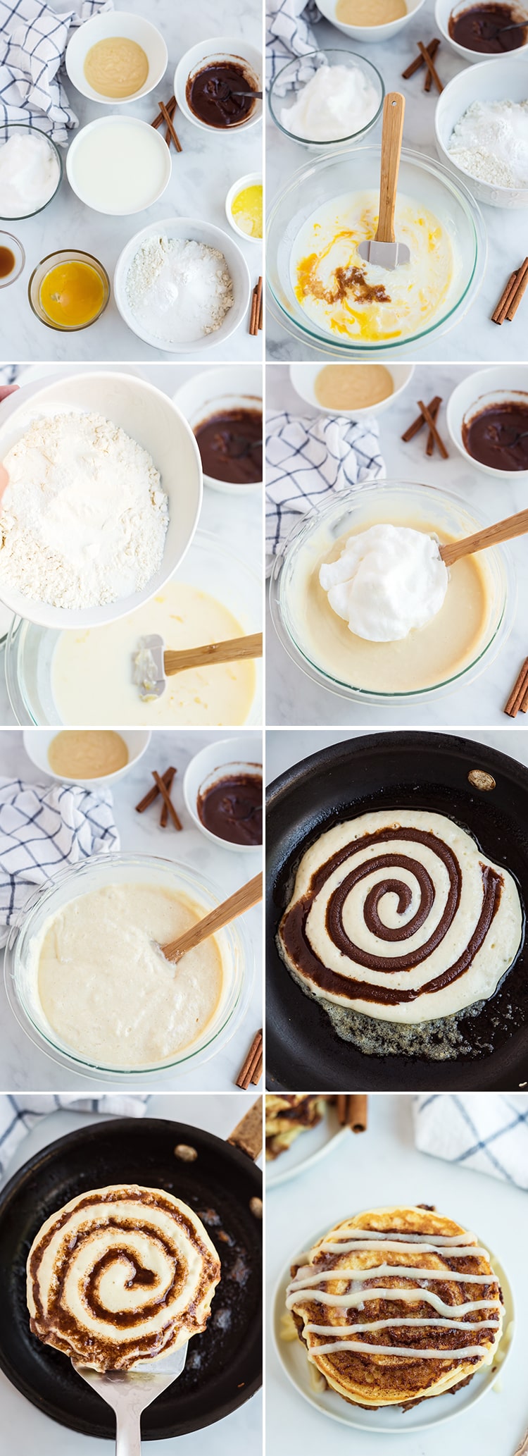 Step by step photo collage of how to make cinnamon roll pancakes