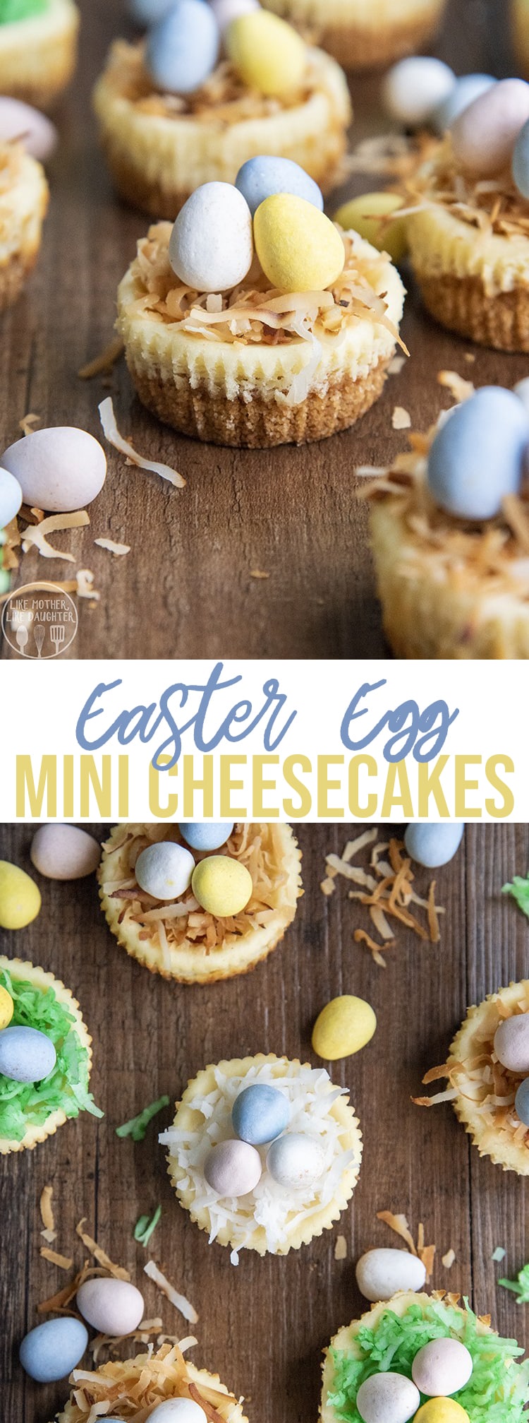 A collage of two photos of Easter Egg mini cheesecakes with a text block in the middle.