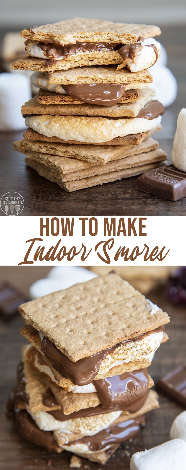 A collage of two photos of stacks of smores with a text block in the middle.