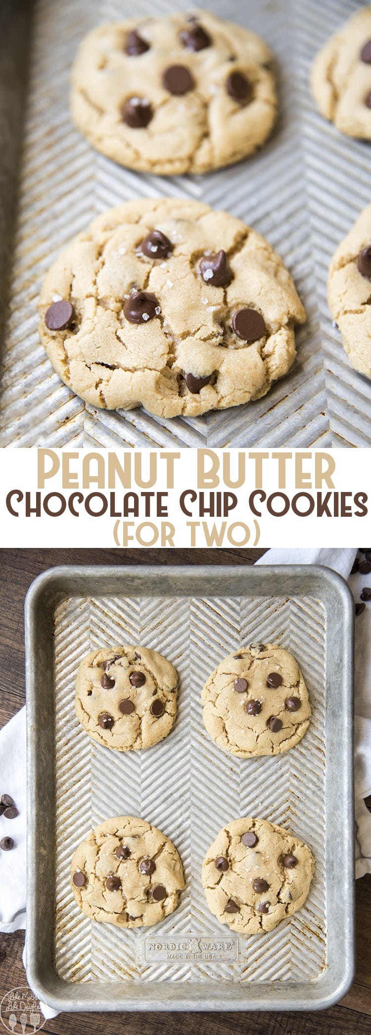 A collage of two photos of 4 peanut butter chocolate chip cookies with a text block in the middle. 