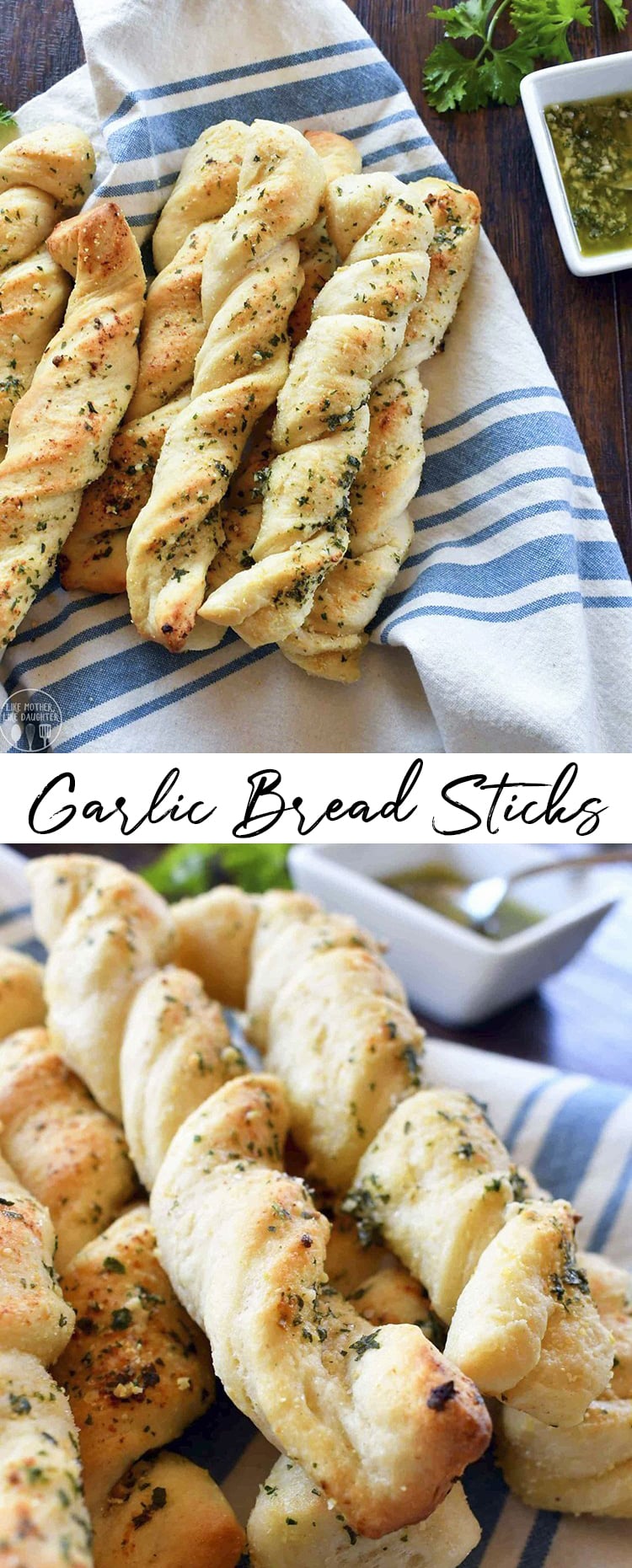 A collage of two photos of garlic bread sticks with a text block in the middle.