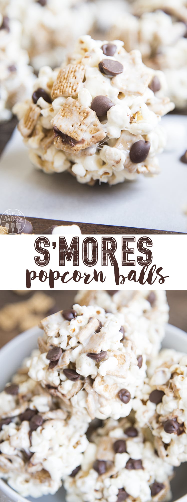 A collage of two photos of smores popcorn balls with a text block in the middle. 