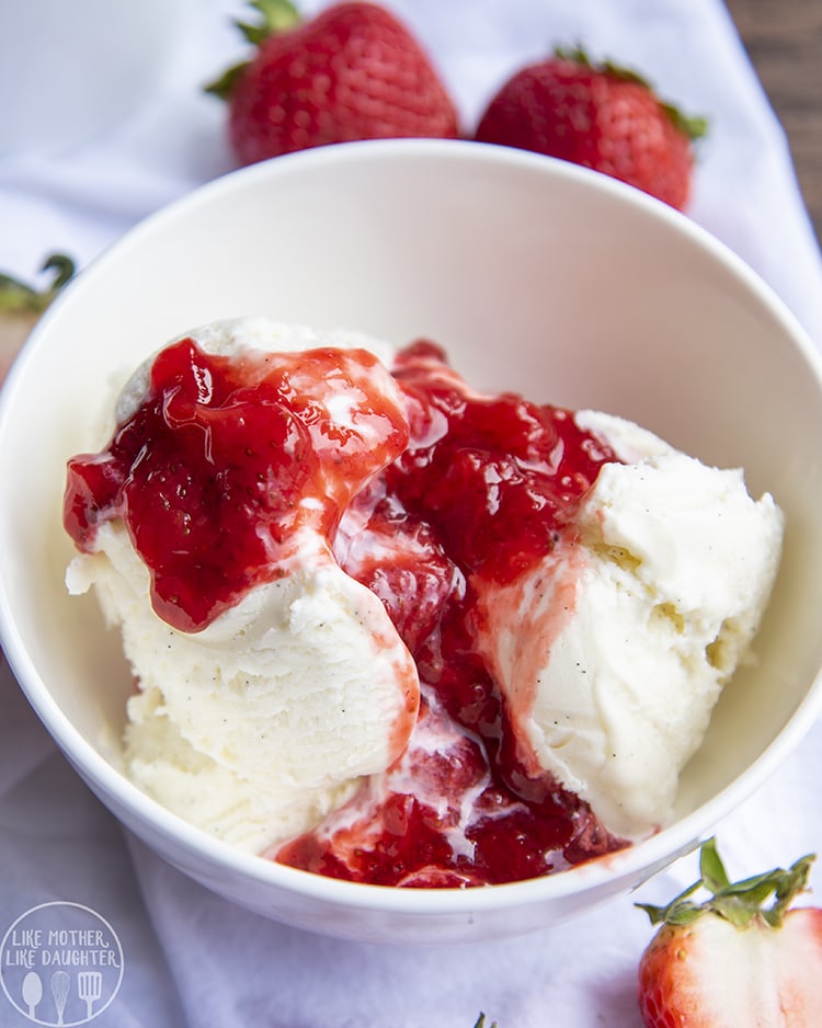 Strawberry Sauce on top of vanilla ice cream