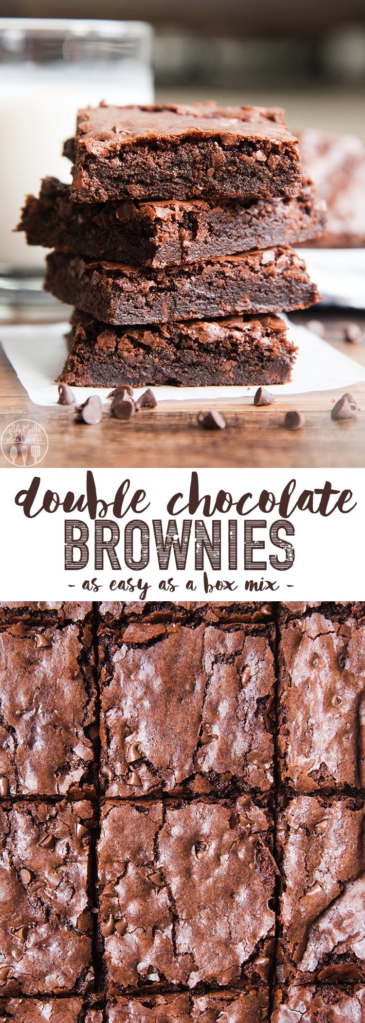 A collage of two photos of double chocolate brownies with a text block in the middle. 