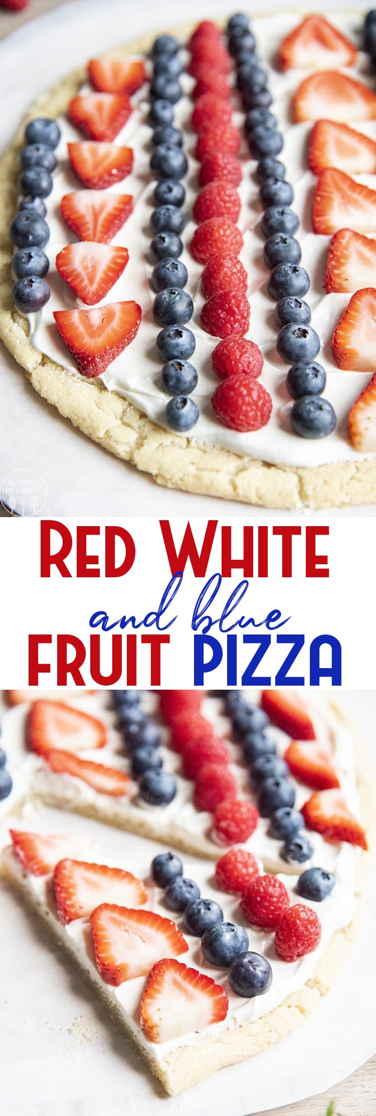 A collage of two photos of a fourth of July berry fruit pizza with a text block in the middle.