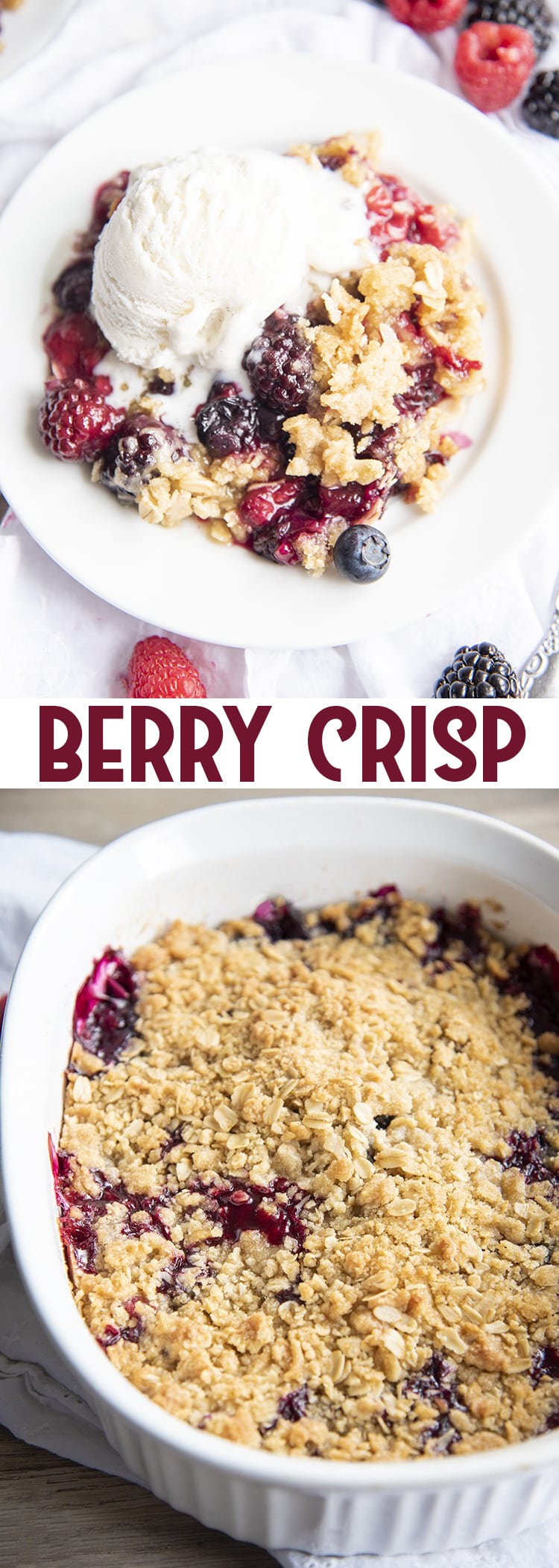 A collage of two photos of berry crisp with text in the middle. 
