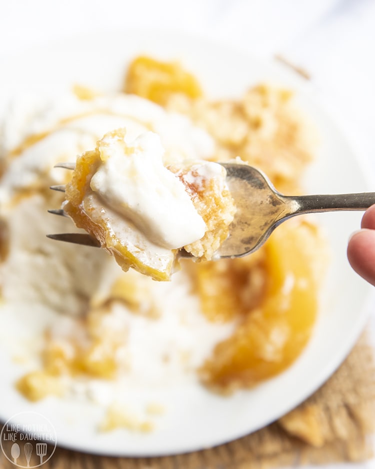 Peach Cake topped with vanilla ice cream is the perfect summer dessert