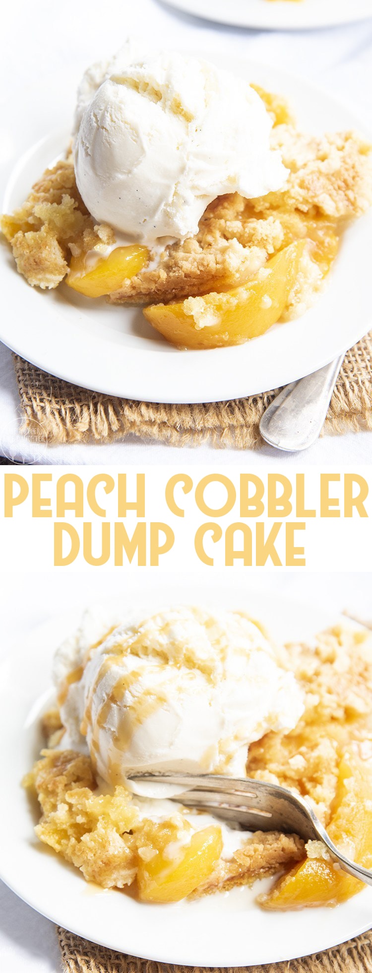 A collage of two photos of peach cobbler dump cake with a text block in the middle. 