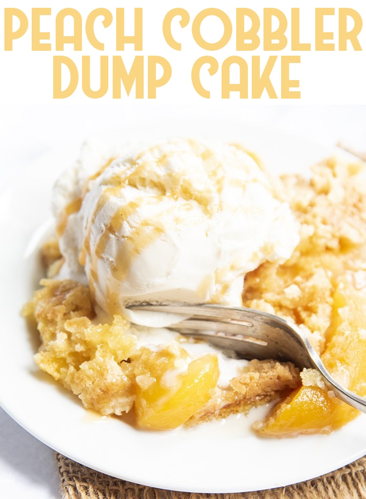 A peach cobbler cake on a plate with a fork. 