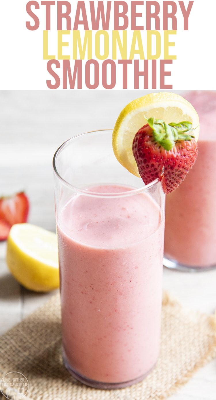 A close up of a glass of a strawberry lemonade smoothie.