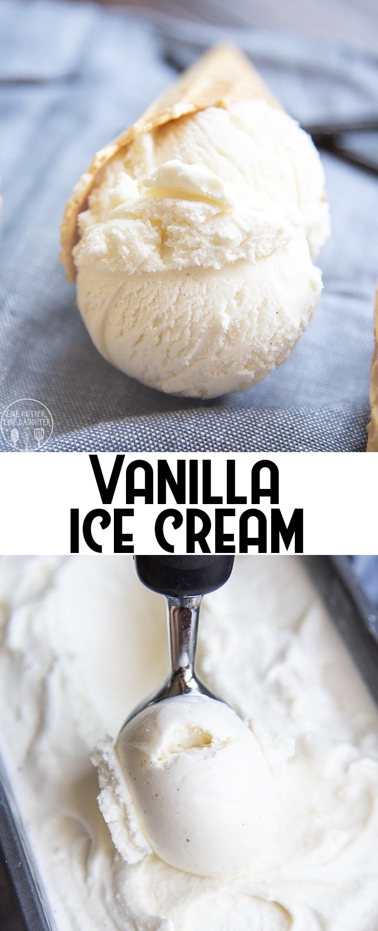 A collage of two pictures of vanilla ice cream with a block of text in the middle. 