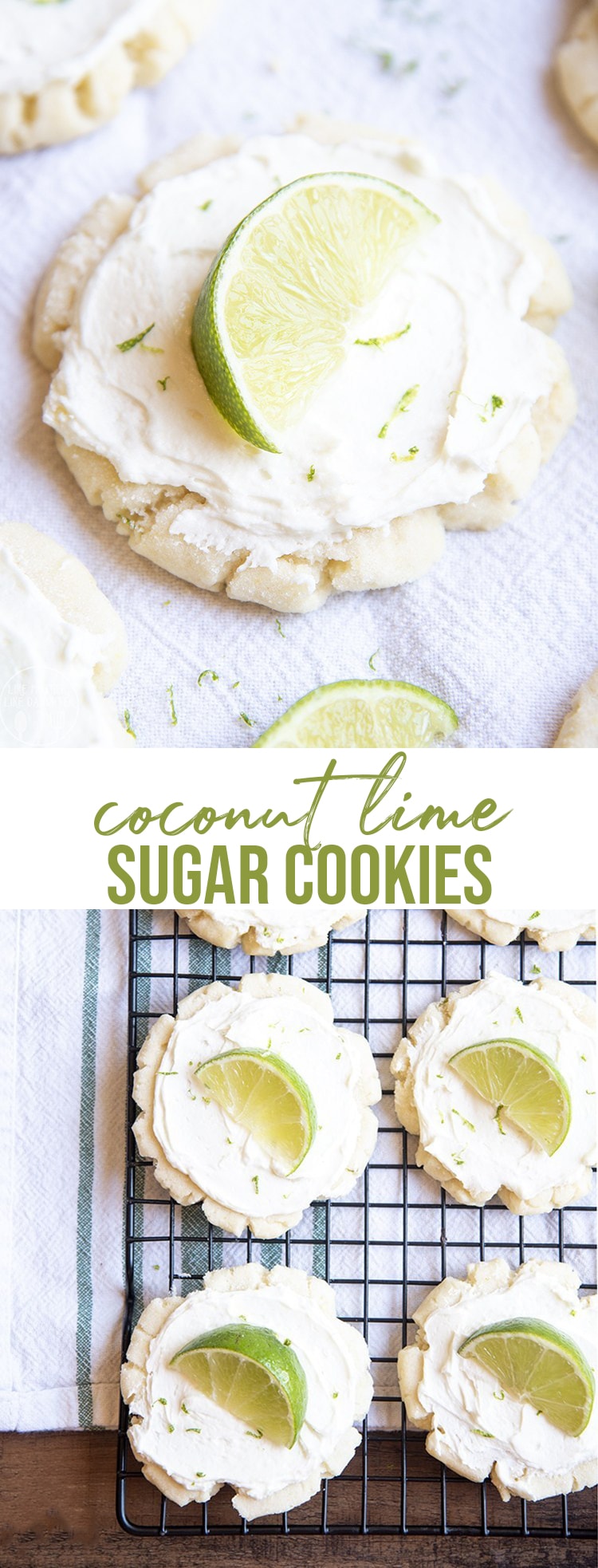 A collage of two photos of coconut lime sugar cookies with a text block in the middle. 
