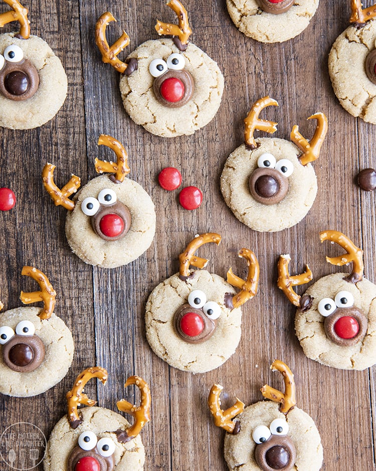 Peanut Butter Blossoms decorated to look like reindeer