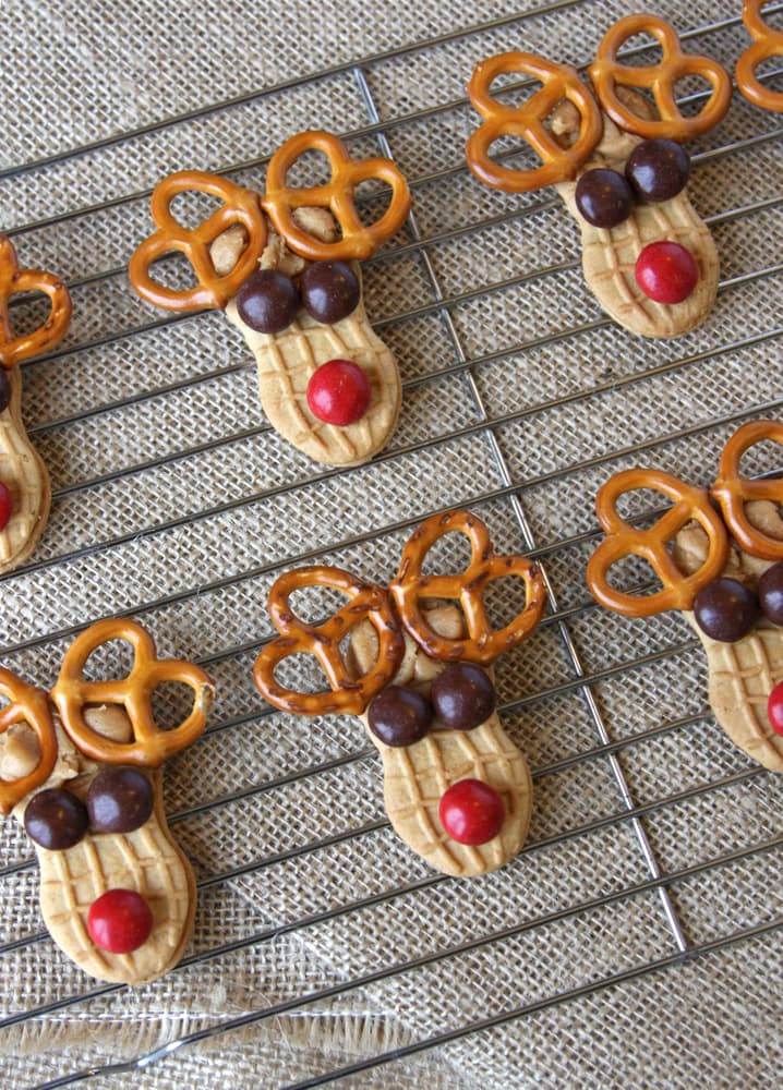 Nutter Butter Cookies decorated to look like reindeers. 