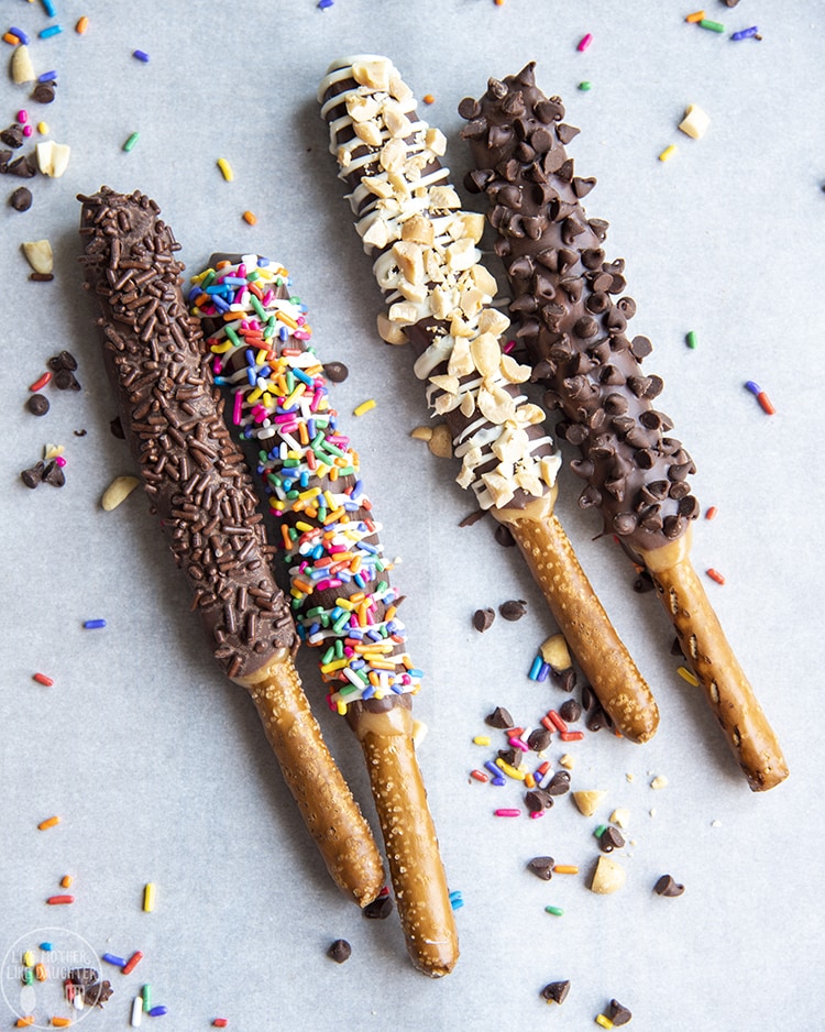 Chocolate Caramel Pretzels dipped in caramel and chocolate and sprinkles or nuts!