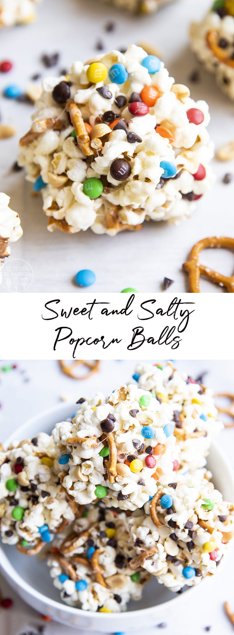 A collage of two photos of sweet and salty popcorn balls with a text block in the middle.