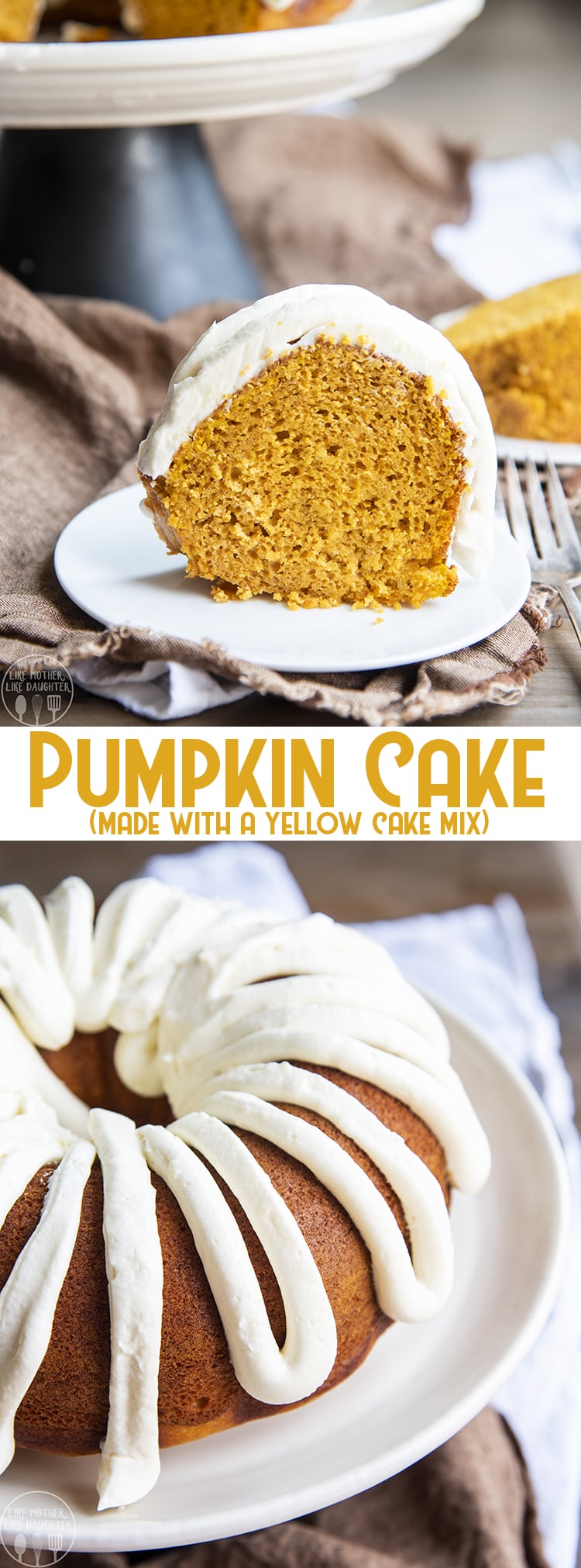 A collage of two photos of pumpkin cake made with a yellow cake mix with a text block in the middle.